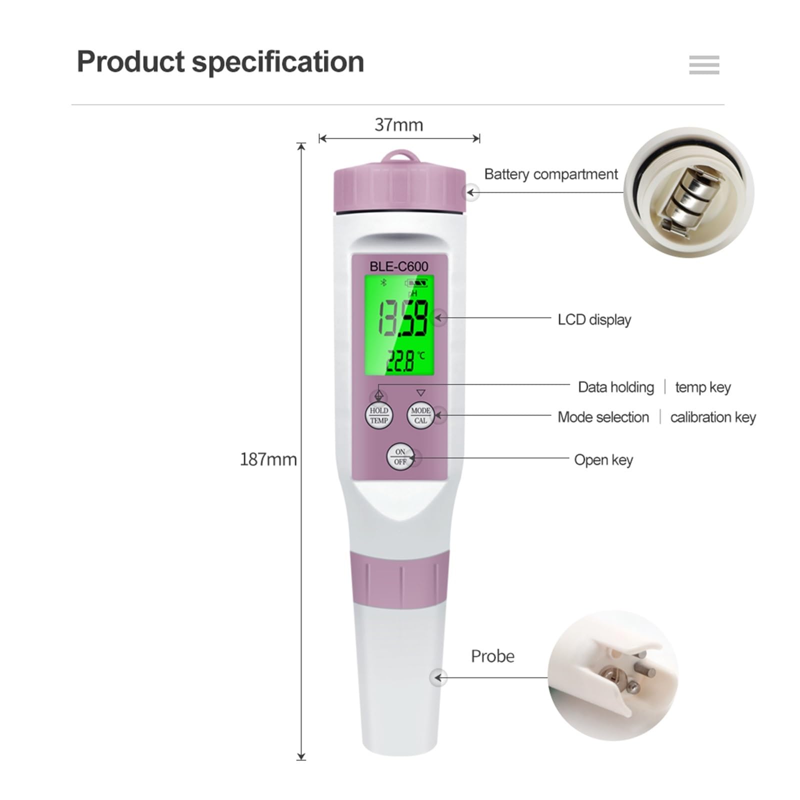 Tester del PH dell'Acqua, Misuratore PH 7 in 1 PH/EC/TDS/ORP/Sale/SG/Temp Monitor Online App Intelligente for Il Tester Acqua Potabile Acquario Tester dell'Acqua