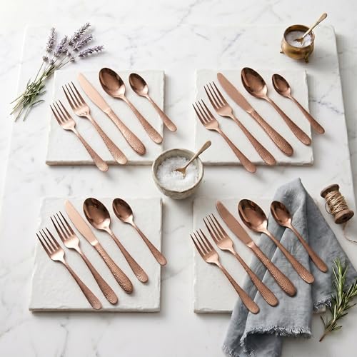 Image of Hammered Rosegold Silverware Set | 20-Piece Premium Stainless Steel Flatware Set | Dishwasher Safe Cutlery Set for Home, Restaurant & Gifting