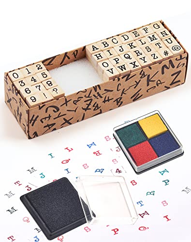 NETONDA Bokstavsstämpel 40 stycken stämpelset – set med bokstäver, siffror och symboler, små trästämplar med 2 stämpelkuddar, alfabetstämplar för gör-det-själv-konst, hantverk, scrapbooking, korttillverkning