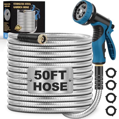 LINODI Metal Garden Hose, 50ft Stainless Steel Garden Hose – 3/4