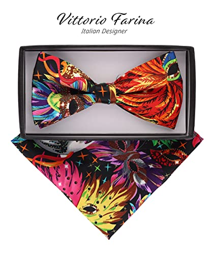 Vittorio Farina Premium Bow Tie & Pocket Square Set Of 2 (Vibrant Party Mask) #TOP1