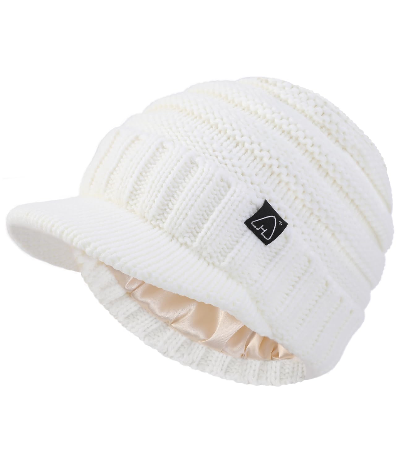 Hat Hut Unisex White Beanie Hats For Women Men Satin Lined Winter Hats For Women Slouchy Beanies Satin Lined Beanie With Brim Visor (White)