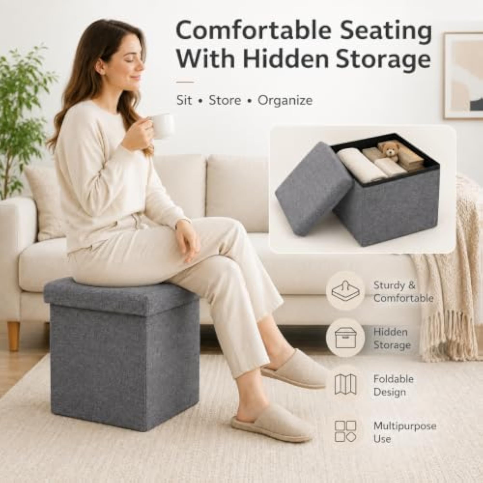 Foldable Storage Ottoman Stool with Hidden Storage