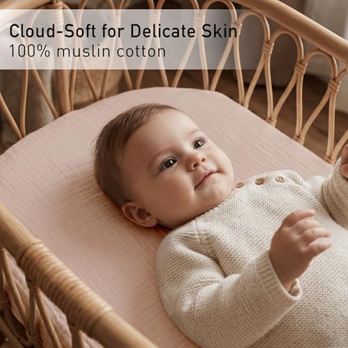 Muslin Bassinet Sheets 2 Pack, Soft Fitted Bedside Sleeper Sheet 33x20 Inch - 5