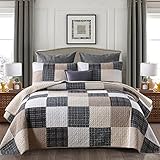 KALOOLA King Quilt Sets, Cotton Quilt King Size, Real Patchwork Quilt Bedding Set Bedspread, Tan Bro