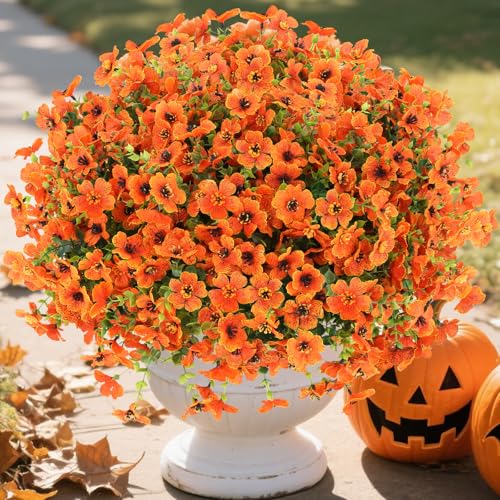 MERIXMAS 24 Bundles Fall Flowers Artificial for Halloween Decoration Outdoors, Fake Plants Autumn, Mums Daisy Eucalyptus Realistic UV Resistant for Garden Patio Porch Home Decor, Orange
