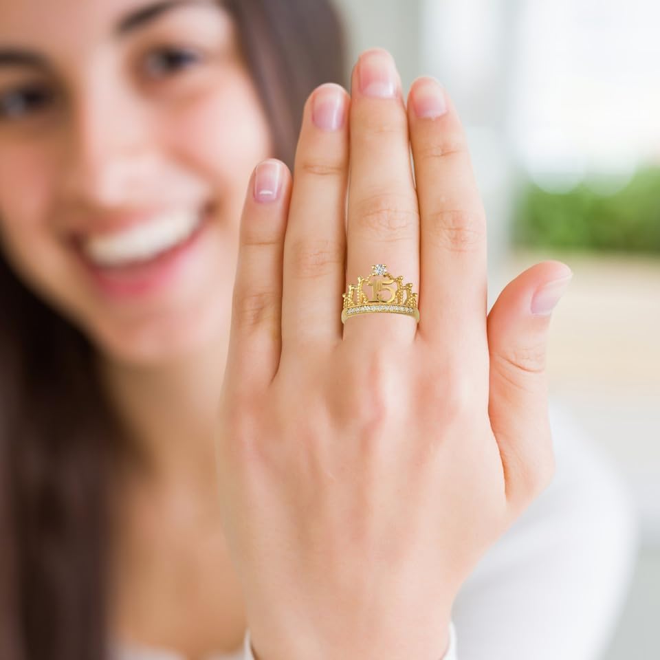 10K Yellow, White, and Rose Gold Cubic Zirconia Tiara Sweet 15 Años Quinceanera 2mm Crown Ring - Choice of Ring Size2