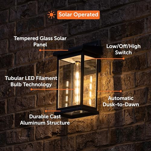 Gama Sonic Modern Farmhouse Solar Wall Light, Outdoor Sconce Lamp with Dusk-to-Dawn Sensor, Black Aluminum and Glass, 130B50010 thumbnail 4
