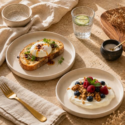 Image of TRESA Stoneware Ceramic Dinner Plate, White with Brown Rim, 10.5 Inch