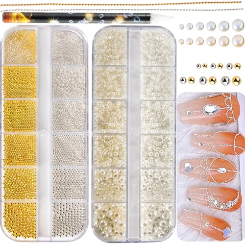 4390pcs Gold Nail Charms Caviar Beads for Nails 2 Box Silver & Gold Beads for Nails and Flatback Pearls for Nail Art Supplies Chloe Golden Caviar Chain for Nail Decals Jewelry Accessories