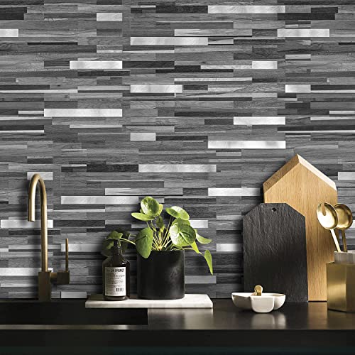 Dicofun 10-Sheet Peel And Stick Backsplash Tile, Black & Grey Wood Look Pvc Mixed Metal Stick On Backsplash Tiles For Kitchen, 9.4 Sq.ft #TOP2