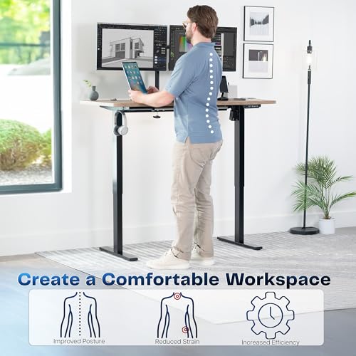 Image of VIVO Reclaimed Wood 55 x 28 in Standing Desk, DESK-KIT-1B55P | Electric, Holds 220 lbs, Sit Stand, Height Adjustable, Solid One-Piece Table Top, Memory Presets, 1B Series, Black Frame