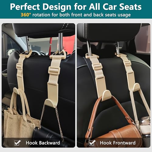 Image of Amooca 4 Pack Anti-drop Headrest Hooks Adjustable Car Seat Organizer | Universal Fit with Clip, Hanger for Backpack Umbrella Water Bottle Coat Purses Handbags Groceries, 40lb Heavy Duty, Beige