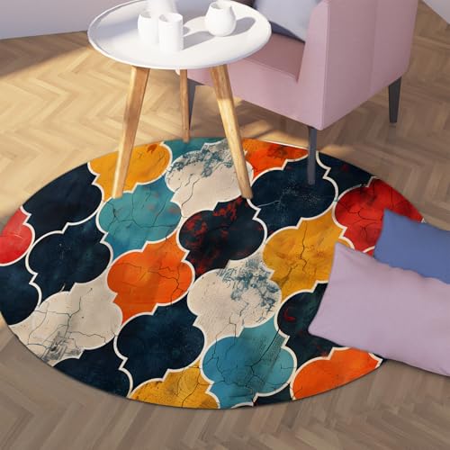 Tapis rond craquelé boho antidérapant doux 100cm multicolore