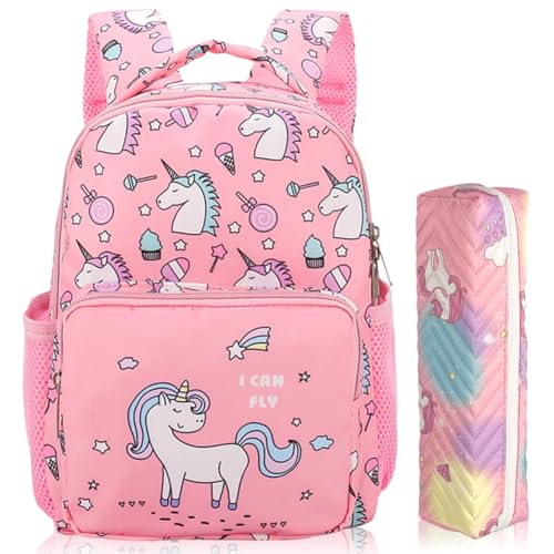 Unicorn Kids Backpack, 2PCS Unicorn Schoolbag Pencil Case Rucksack Toddler Daypack Cartoon School Backpack Large Capacity Rucksack Adjustable Nursery Daypack Waterproof Lightweight Book Bag for Girls