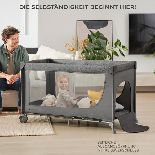 Kinderkraft Joy 2 Kinderbett, 2 in 1 Kinderreisebett, Babybetten, Kinderbett, Reisebett, Modernes Design, Kleine Abmessungen nach Zusammenklappe, Räder, Dunkelgrau