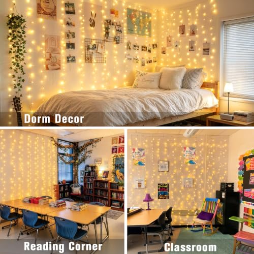Image of JMEXSUSS 300 LED Remote Control Curtain Lights, Plug in Fairy Curtain Lights Outdoor, Window Wall Hanging String Lights for Bedroom Indoor Dorm Backdrop Wedding Party Patio Christmas Decor, Warm White