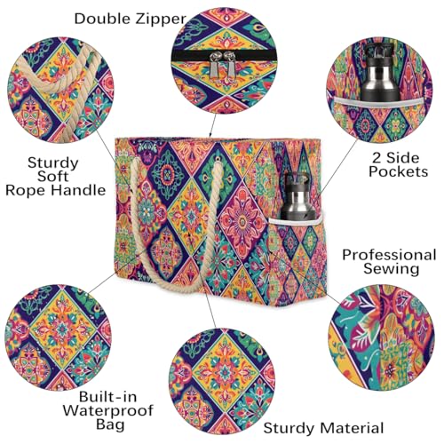 cfpolar Mexican Talavera Floral 1 Beach Bag for Women Ladies Large Beach Pool Tote Bag Sandproof Beach Tote with Zipper Gym Tote Carry On Bag Reusable Grocery Shopping Bag for Weekender Travel Daily3