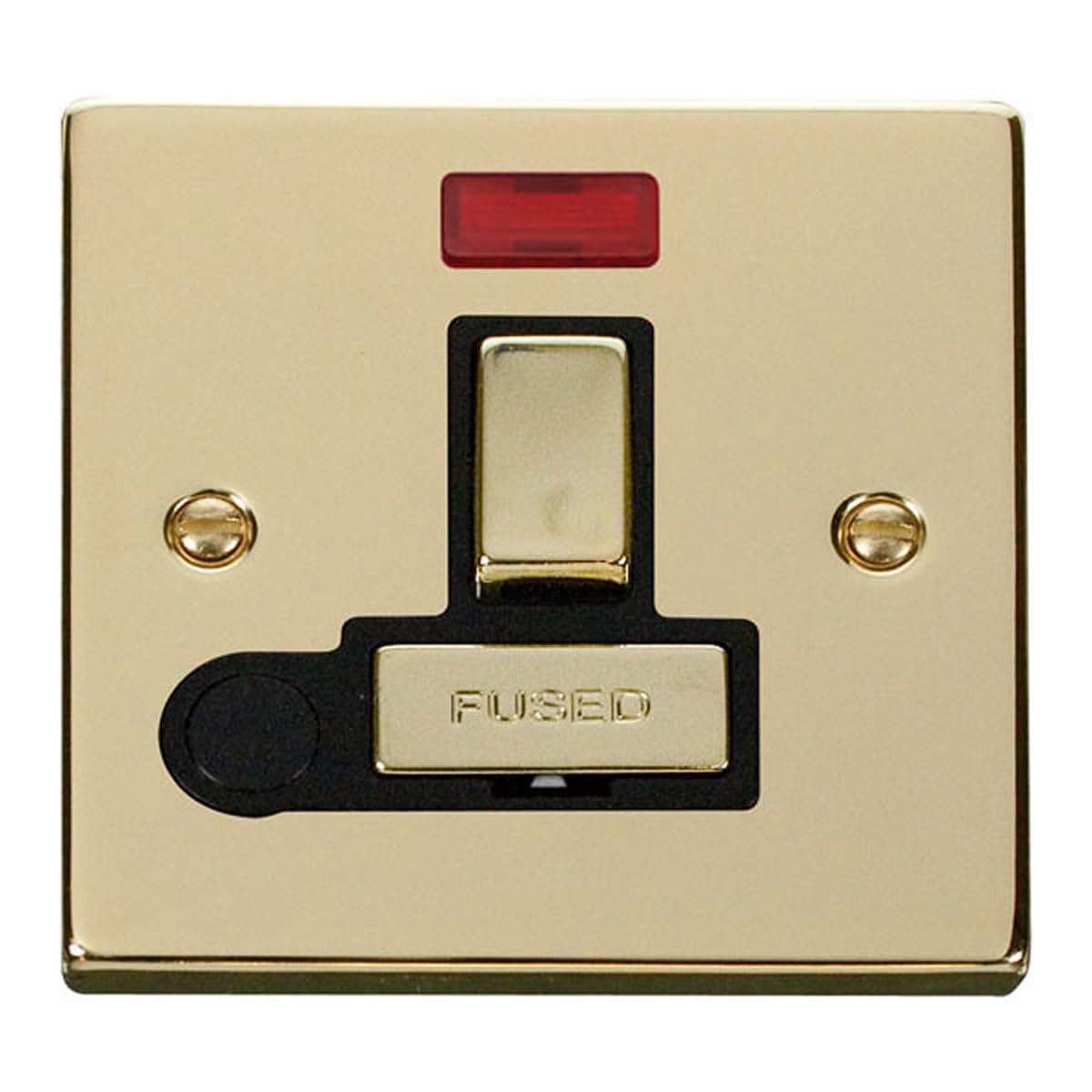 Click Polished Brass 13A Fused Ingot Connection Unit Switched With Neon With Flex - Black Insert