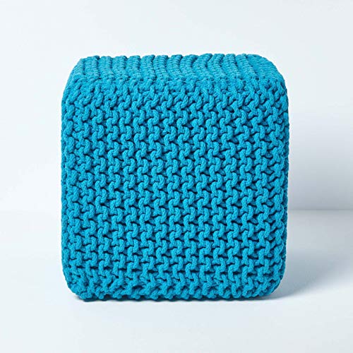 HOMESCAPES Teal Blue Knitted Cube Footstool Bean Filled 100% Cotton for Living Room Children or the Elderly