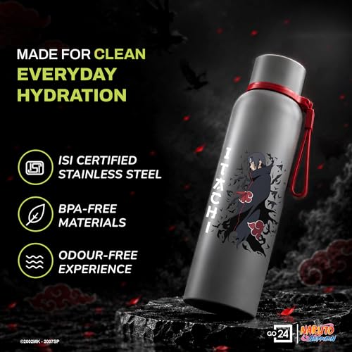 Image of Water Bottle 700ml Stainless Steel | Hot & Cold Flask | ISI Certified Steel Bottle | Three Layer Insulation | Leakproof for Home, Office | 1-Year Warranty | Naruto | Grey - Itachi