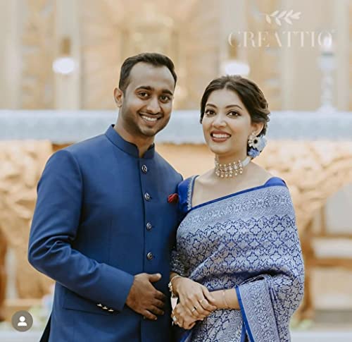 Image of Flosive Women's Present Banarasi Soft Lichi Silk Saree Beautiful Jacquard Rich Pallu Design Work Zari Woven Ayn Kanjivaram Silk Style Saree With Soft Lichi Silk Blouse Piece (Blue)