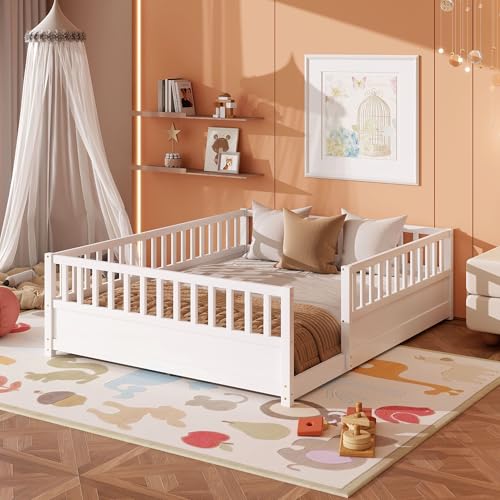 Bellemave Queen Floor Bed Frame with 21.4 High Fence Solid Wood Queen Montessori Floor Bed for Kids Low to Ground Full Enclosure Platform Beds No Box Spring Needed White