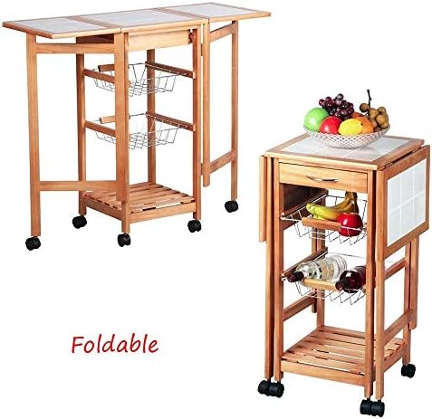 Uion Protable Drop Leaf Kitchen Island Trolley Cart Storage Drawers Baskets Rolling