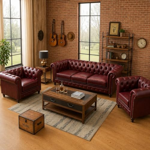 Image of Modern Classic Design Leatherette Luxury Chester Sofa Set with Button Tufted, Sofa for Living Room Home, Office, Hotle and Lobby, Living Room Set (Burgundy, 3+1+1=5 Seater Sofa)
