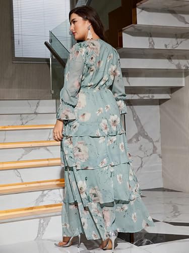 Image of Spring Summer 2024 Plus Size Womens Dresses V Neck Casual Elegant Long Sleeve Floral Print Maxi Dress