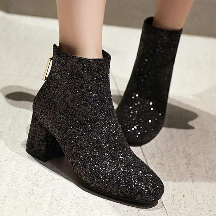 MAVMAX Women's Sequin Glitter Ankle Boots Chunky Heels Sparkly Booties - Image 3