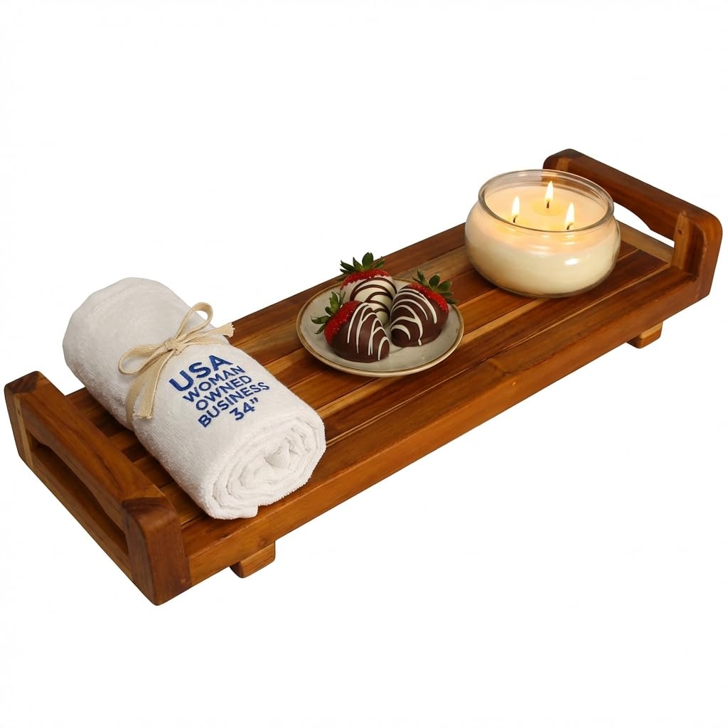 EcoDecors, 34 inch, with LiftAid Handles, Bath Tray for Tub, Bath Tub Tray Wood, Bathtub Table, Caddy for Bathtub in Natural Teak