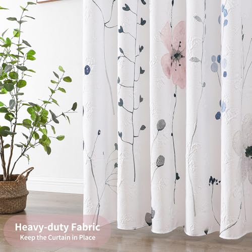 Image of QiyI Watercolor Floral Shower Curtain, 3D Embossed Butterflies Pink Blue Bathroom Curtain, Minimalist Farmhouse White Bath Curtain, Waterproof Fabric Flower Shower Curtain Set with Hooks, 72x72