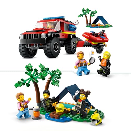 City Fuoristrada Antincendio e Gommone di Salvataggio, Camion dei Pompieri Giocattolo per Bambini e Bambine da 5 Anni, Rimorchio per Barca, 2 Minifigure Vigili del Fuoco e 1 Campeggiatore 60412 - Lego - Immagine 3