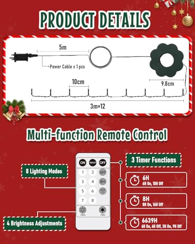 Opard Christmas Tree Lights Indoor Warm White, 360 LEDs, 12 Strands × 3m Waterfall Fairy Lights, Plug-in, 8 Modes, Remote Control with Timer, Waterproof, 3-Minute Setup for Indoor & Outdoor Decoration - Image 7