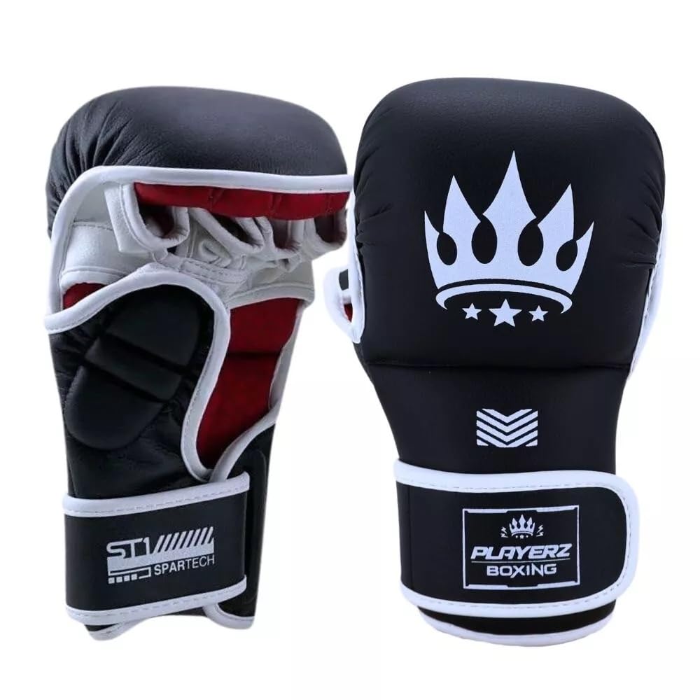 Playerz SparTech MMA Sparring Gloves – Vegan Microfibre, Dual-Layer Foam, Open Palm for Grappling & Striking Mitts, Curved Punch Zone, Adjustable Wrist Strap – Black/White (S–XL)