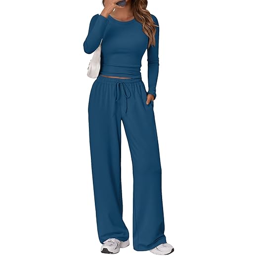 Trendy Queen Women's 2 Piece Matching Lounge Set Long Sleeve Slightly Crop Top Wide Leg Pants Casual Sweatsuit