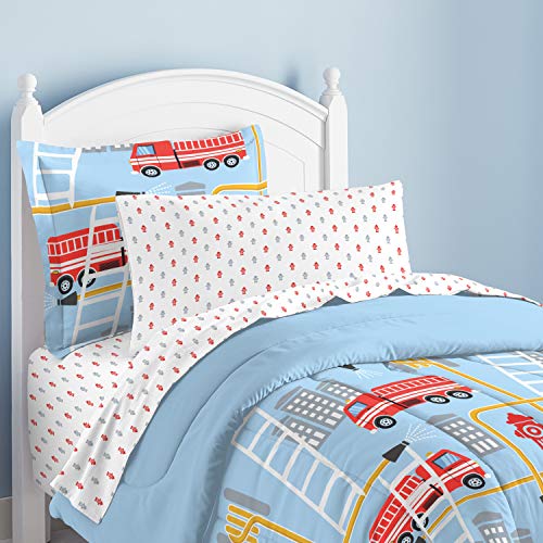 Dream Factory Kids 7-Piece Complete Set Easy-Wash Super Soft Microfiber Comforter Bedding, Full, Blue Fire Truck #TOP4