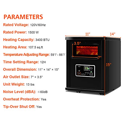 Goflame Infrared Electric Space Heater With Remote Control, 1500W Portable Room Heater With Digital Thermostat And Timer, Tip-Over & Overheated Protection #TOP5