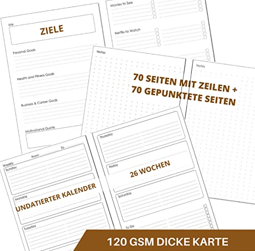 WANDERINGS A5 Lederordner Planner - Nachfüllbares 6-Ring Journal mit Innentaschen - Handgefertigter Echtes Leder Organizer - Filofax Kompatibel. 2026/27 Monats-Wochenkalender mit Notizen - 22 x 15 cm