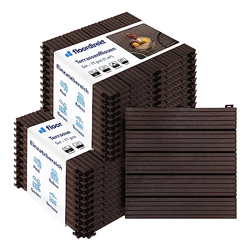 Floordirekt Fliesen 30x30 cm 2m = 22 Terrassenfliesen Klickfliesen Balkonfliesen in Holzoptik - Bodenbelag für Balkon & Terrasse - wetterfest mit Drainagefunktion | Braun | Claire