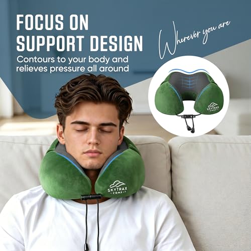 Image of SkytraxComf Travel Neck Pillow with Hood for Privacy on Long Flights | Memory Foam | Airplane Sleep | Safety-Tested Materials | Extra Large Hood | Chin Support | Earplugs | Washable Cover