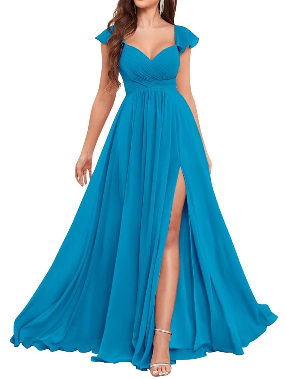 Ruffle Chiffon Bridesmaid Dresses for Wedding V Neck Prom Dresses Cap Sleeve Formal Evening Gown with Slit
