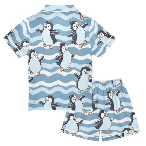 ALAZA Dancing Penguin Wave Pajamas Satin Pajama Set Short Sleeve Button Down Sleepwear2