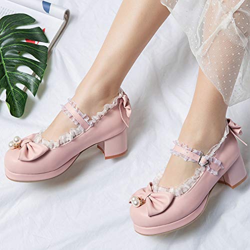 Image of LUXMAX Women Kawaii Mid Block Heel Mary Jane Rockabilly Pumps with Bow Platform Chunky Heel Cute Sweet Shoes