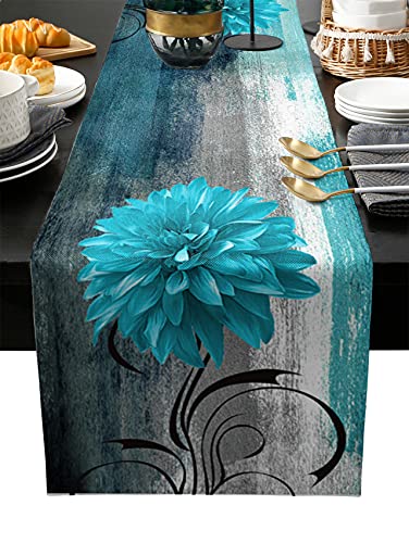 Burlap Linen Table Runner - 36 Inch Long， Aqua Dahlia Pinnata Floral Kitchen Dining Table Runner Dresser Scarves, Modern Art Abstract Teal Aqua Farmhouse Decor For Coffee Table Wedding Party Banquet #TOP5