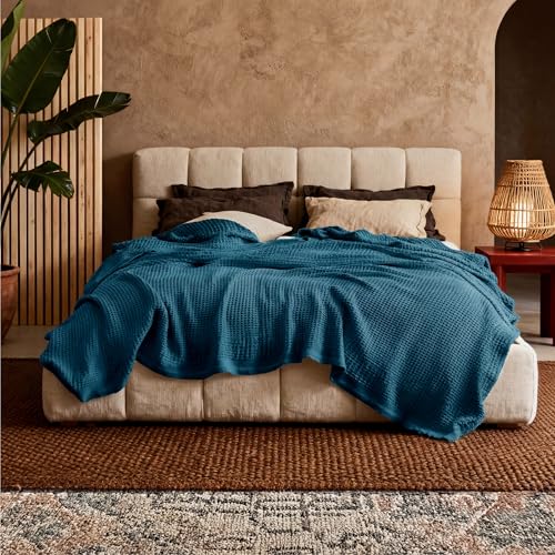 Image of Bedsure 100% Cotton Blanket Full Size for Bed - Cooling Breathable and Soft for Summer, Thick Cozy Waffle Weave Blanket Gifts for Women, Teal, 80x90 Inches