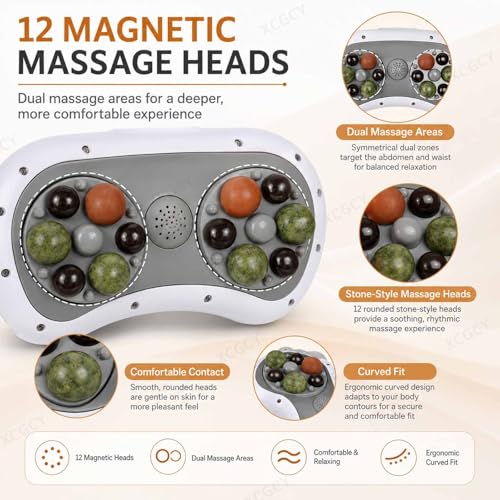 Instrumento masajeador abdominal, masajeador automático para abdomen, calor a 45 °C, amasado dual con discos, 12 cabezales magnéticos, 3 niveles de velocidad y temperatura, diseño curvo para abdomen, espalda, cuello y piernas miniatura 5