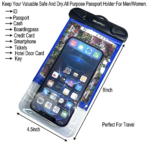 DRLOKPAK Waterproof Travel Neck Wallet Passport Holder 2Pack Dry Pouches to Keep your Boarding Pass Key Phone Cash ID Door Credit Card Ticket Dry and safe(Black+Blue)2