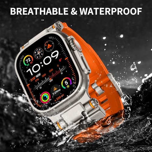Image of FOAMUNOC Rugged Band Compatible with Apple Watch Ultra 3 /2 /1 Band 49mm /46mm /45mm /44mm /42mm, Metal Connector with Strap for iWatch Ultra Series 11 /10 /9 /8 /7 /6 /SE3 /SE2 /SE /5 /4 /3 /2 /1, Orange /Titanium